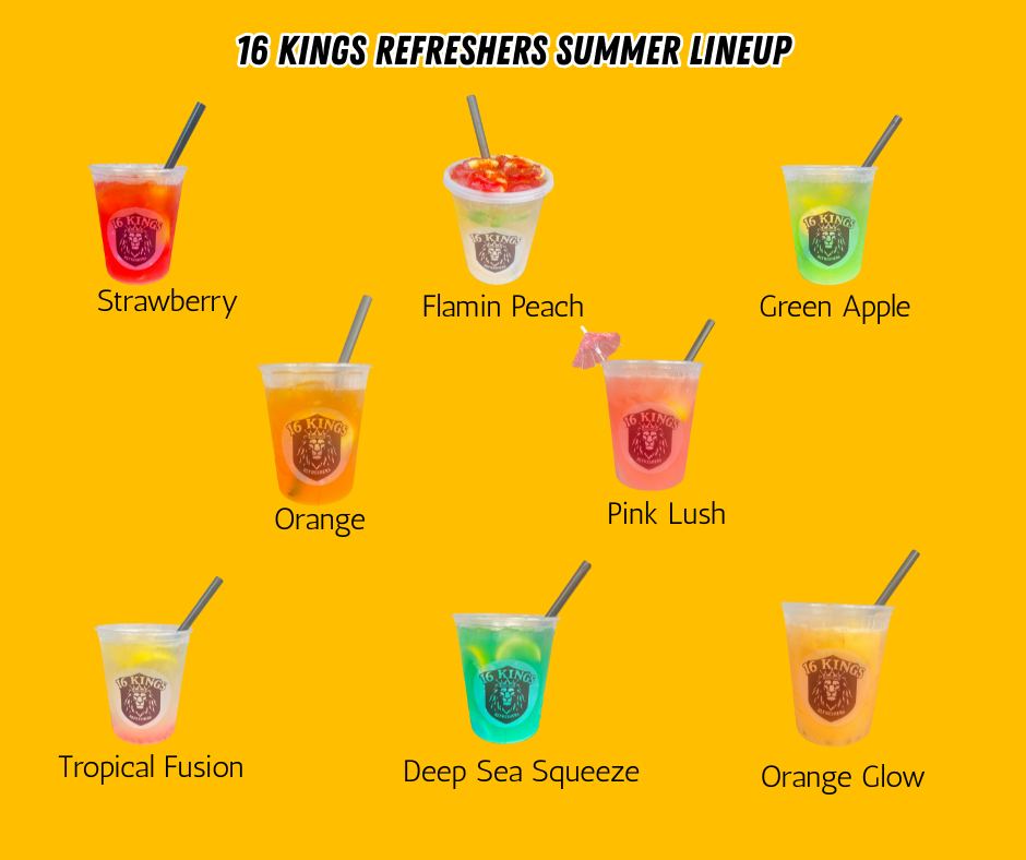 Lineup of 16 Kings Refreshers specialty summer drinks