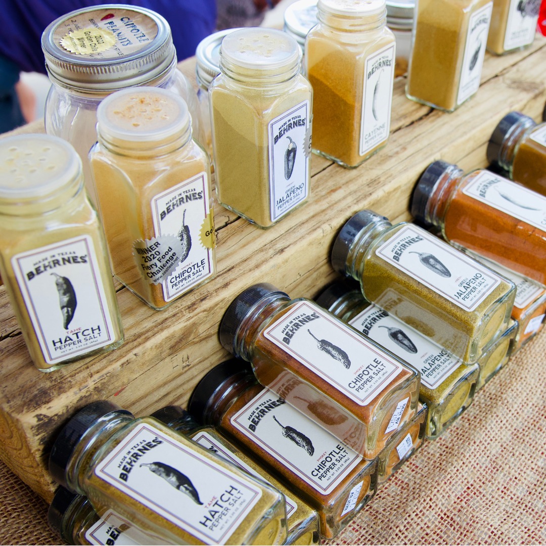 Full display of Behrnes Pepper Salts Spices—options, options, options!